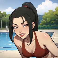  ai_generated avatar_the_last_airbender azula bikini bra leaning_forward ponytail pov red_eyes soft_breasts swimming_pool 