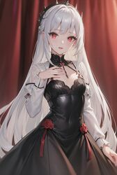  1girls ai_generated black_dress crown female flat_chest flat_chested fully_clothed looking_at_viewer red_eyes rose_(flower) seductive seductive_look small_breasts stable_diffusion vampire vampire_girl white_hair 