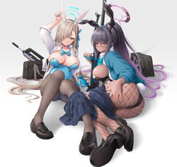  2girls animal_ears anti-materiel_rifle aqua_bow aqua_bowtie ass assault_rifle asuna_(blue_archive) asuna_(bunny)_(blue_archive) asymmetrical_bangs awa_yume bag black_bag black_hair black_hairband black_leotard black_pantyhose blue_archive blue_eyes blue_leotard blue_nails blue_ribbon blue_skirt blush bolt_action bow bowtie boys_anti_tank_rifle breasts bullpup cleavage collarbone collared_shirt commentary_request dark-skinned_female dark_skin fake_animal_ears famas fishnet_pantyhose fishnets full_body gradient_hair gun hair_ornament hair_over_one_eye hair_ribbon hair_spread_out hairband halo hand_up highres holding holding_weapon karin_(blue_archive) karin_(bunny)_(blue_archive) large_breasts leotard long_hair long_sleeves looking_at_viewer lying multicolored_hair multiple_girls nail_polish official_alternate_costume on_side one_eye_covered open_clothes open_shirt pantyhose parted_lips playboy_bunny ponytail purple_hair rabbit_ears ribbon rifle school_uniform shirt shoulder_bag sideboob sitting skirt smile sniper_rifle teeth thighs two-tone_hair very_long_hair weapon white_background white_hairband white_shirt yellow_eyes 