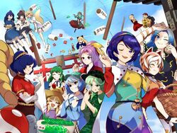  13-gou 6+girls aki_minoriko aki_shizuha animal_ears beads black_hair blonde_hair blue_hair camera cat_ears cat_girl dango doll dress eating flying food fox_ears fox_girl fox_tail frog_hair_ornament fruit fruit_basket goutokuji_mike green_hair hair_beads hair_ornament hat headband himemushi_momoyo iizunamaru_megumu inubashiri_momiji japanese_clothes kagiyama_hina kawashiro_nitori kochiya_sanae komakusa_sannyo kudamaki_tsukasa lamp magnifying_glass mg_mg miko miracle_mallet moriya_suwako mountain_of_faith multicolored_hair multiple_girls onbashira orb pom_pom_(clothes) power_item_(touhou) purple_hair ribbon shameimaru_aya shanghai_doll shrine snake_hair_ornament statue streaked_hair tail tamatsukuri_misumaru tenkyuu_chimata tokin_hat touhou ufo unconnected_marketeers vial wagashi white_hair yamashiro_takane yasaka_kanako yin_yang yin_yang_orb 