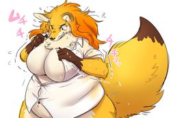  2022 4_fingers anthro belly big_breasts black_nose blush blush_lines bodily_fluids breasts brown_body brown_fur brown_hands brown_tail_tip canid canine cheek_tuft chest_tuft cleavage cleavage_overflow clothed clothing collared_shirt digital_drawing_(artwork) digital_media_(artwork) dipstick_tail dress_shirt facial_tuft featureless_breasts female female_anthro fingers fox full_cleavage fur hair holding_clothing holding_object holding_shirt holding_topwear huge_breasts humanoid_hands inner_boob japanese_text kemono long_hair mammal markings navel open_clothing open_shirt open_topwear orange_hair overweight overweight_anthro overweight_female partially_clothed pukkunnnn rolled_up_sleeves shirt signature simple_background solo sweat sweatdrop tail tail_markings tan_body tan_fur text tight_clothing tight_shirt tight_topwear topwear tuft white_background white_clothing white_shirt white_topwear yellow_body yellow_fur yellow_tail 