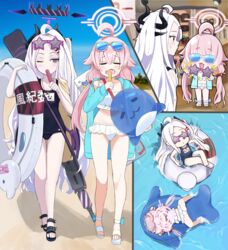  2girls ahoge beach bikini blue-tinted_eyewear blue_archive blue_footwear blue_jacket blue_one-piece_swimsuit commentary day demon_horns demon_wings duck_innertube eating eyewear_on_head fangs food food_in_mouth frilled_bikini frills glasses gun hair_bobbles hair_ornament hairclip halo highres hina_(blue_archive) hina_(swimsuit)_(blue_archive) holding holding_food horns hoshino_(blue_archive) hoshino_(swimsuit)_(blue_archive) ice_cream indoors inflatable_toy inflatable_whale innertube jacket keke_(user_djyu7823) long_hair low_twintails low_wings lying machine_gun mg42 multiple_girls multiple_horns name_tag ocean official_alternate_costume old_school_swimsuit on_stomach one-piece_swimsuit open_mouth outdoors parted_bangs pink_hair popsicle purple_eyes purple_wings sandals school_swimsuit summer sunglasses sweat swim_ring swimsuit tinted_eyewear twintails very_long_hair weapon whistle whistle_around_neck white-framed_eyewear white_bikini white_hair wings 