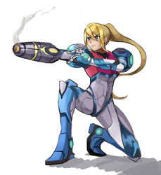  arm_cannon armor blonde_hair blue_eyes female glowing gun highres long_hair looking_at_viewer metroid metroid_dread mole mole_under_mouth ponytail power_armor power_suit power_suit_(metroid) saiykik samus_aran science_fiction sidelocks simple_background solo upper_body weapon white_background 