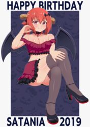  bat_hair_ornament black_thighhighs blush border bow breasts cleavage closed_mouth crossed_legs demon_girl demon_horns demon_wings female frilled_skirt frills gabriel_dropout hair_ornament hairbow happy_birthday highres horns large_breasts miniskirt nyaroon oerba_yun_fang off-shoulder_shirt off_shoulder purple_eyes red_hair red_shirt red_skirt satanichia_kurumizawa_mcdowell shiny_skin shirt short_hair simple_background sitting skirt solo thighhighs white_border wings 