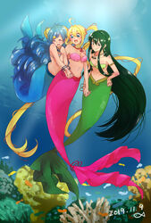  3girls blonde_hair blue_eyes blue_hair breasts closed_eyes commentary_request coral dated full_body green_eyes green_hair highres houshou_hanon houshou_hanon_(mermaid) jewelry long_hair medium_breasts mermaid mermaid_melody_pichi_pichi_pitch monster_girl multiple_girls nanami_lucia nanami_lucia_(mermaid) necklace shell shell_bikini touin_rina touin_rina_(mermaid) twintails underwater you_(holly0310) 