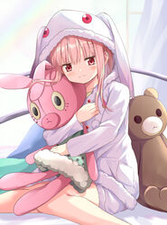  animal_ears bangs bear bear_ears bed bed_sheet blush bunny bunny_ears closed_mouth cosplay highres kyubey_(cosplay) kyuubee long_sleeves magia_record:_mahou_shoujo_madoka_magica_gaiden mahou_shoujo_madoka_magica pink_hair red_eyes rikopin sleepwear stuffed_toy tamaki_iroha white_curtains 