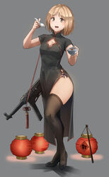  black_panties blonde_hair blush breasts china_dress chinese_clothes cleavage_cutout clothing_cutout commentary_request cup dress female full_body girls&#039;_frontline grey_background gun highres lantern looking_at_viewer mp40 mp40_(girls&#039;_frontline) panties photoshop_(medium) side-tie_panties side_slit simple_background skindentation small_breasts solo spoon submachine_gun teacup thighhighs thighs triangle_bullet underwear weapon yellow_eyes 