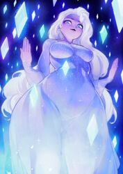  absurdres ass_visible_through_thighs blue_eyes breasts covered_navel crystal curvy dark_background dress elsa_(frozen) female from_below frozen_(disney) frozen_ii_(disney) gofa highres ice long_hair looking_at_viewer looking_down medium_breasts open_hands paid_reward patreon_reward see-through smile solo sparkle thick_thighs thighs very_long_hair white_hair wide_hips 