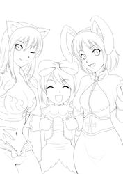  3girls :d ;) ^_^ absurdres acolyte_(ragnarok_online) animal_ears bow breasts brooch capelet cat_ears closed_eyes closed_mouth collarbone cropped_jacket floppy_ears hair_between_eyes highres jacket jewelry kanzuki_yuu line_art locked_arms long_hair long_sleeves looking_at_viewer lowleg lowleg_pants medium_breasts merchant_(ragnarok_online) monochrome multiple_girls navel one_eye_closed open_clothes open_jacket pants rabbit_ears ragnarok_online ribbon_trim shirt short_hair simple_background skirt sleeve_cuffs smile split_mouth teeth thief_(ragnarok_online) white_background 