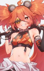  absurdres ahoge animal_ears black_gloves breasts bright_pupils clenched_teeth commentary_request eyepatch fake_animal_ears female fingerless_gloves gloves grey_background hammer highres holding holding_hammer koleda_belobog long_hair looking_at_viewer low_twintails midriff navel omattya_umyao orange_eyes sharp_teeth simple_background small_breasts solo teeth twintails white_pupils zenless_zone_zero 