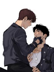  2boys black_hair black_jacket black_pants black_shirt blush brown_hair chest_tattoo commentary_request dog_tail finger_in_another&#039;s_mouth fingerless_gloves gloves hand_on_another&#039;s_thigh haotmeal highres jacket jewelry k-pop korean_commentary male_focus mole mole_under_eye multiple_boys multiple_rings necklace open_clothes open_jacket open_mouth pants real_life ring shirt short_hair simple_background sitting sitting_on_lap sitting_on_person sung_han-bin sweatdrop tail tattoo white_background white_shirt yaoi zerobaseone zhang_hao 