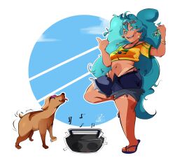  absurd_res blue_hair brazil breasts canid canine canis clothed clothing dancing digital_media_(artwork) domestic_dog duo female feral fur hair hatsune_miku hi_res human long_hair looking_at_viewer mammal music peterson_drawn simple_background smile tail tanned tanned_skin tongue topwear vocaloid 