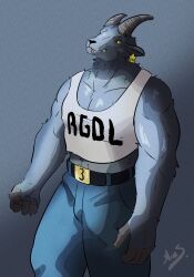  absurd_res anthro belt belt_buckle bottomwear bovid buckle caprine clothing coffee_stain_studios crop_top denim denim_bottomwear denim_clothing ear_piercing ear_tag epic_games fortnite ftm_crossgender fur goat goat_simulator grey_body grey_fur hi_res horizontal_pupils horn itsmesadaxis jeans male mammal muscular muscular_anthro muscular_male pants piercing pilgor_(goat_simulator) pupils rule_63 shirt solo text text_on_clothing text_on_topwear tongue tongue_out topwear yellow_eyes 