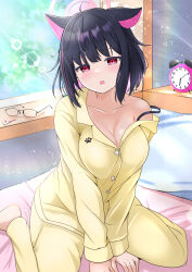  absurdres ahoge alarm_clock analog_clock animal_ears barefoot black-framed_eyewear black_hair blue_archive blush breasts cat_ears cleavage clock collarbone colored_inner_animal_ears colored_inner_hair commentary_request day female glasses halo highres kazusa_(blue_archive) large_breasts lens_flare light_particles long_sleeves looking_at_viewer medium_hair multicolored_hair off_shoulder open_mouth pajamas pants paw_print pink_eyes pink_hair pink_halo rikki shirt solo strap_slip streaked_hair two-tone_hair unworn_eyewear v_arms waking_up window yellow_pajamas yellow_pants yellow_shirt 