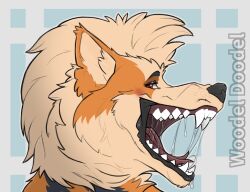  anthro arcanine bared_teeth black_markings blush bodily_fluids canid canine drooling fangs forked_tongue fur generation_1_pokemon headshot_portrait looking_at_viewer mammal markings nintendo open_mouth orange_body orange_fur pokemon pokemon_(species) portrait saliva saliva_string side_view solo teeth tongue woodeldoodel 