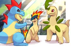  bayleef blurred_background croconaw feral fire generation_2_pokemon group head_leaf inside leo_(los) male nintendo open_mouth pokemon pokemon_(species) quilava scales seth_(los) sharp_teeth spikes spikes_(anatomy) story story_in_description teeth tenebscuro the_legacy_of_sylver trio zachary_(los) 