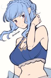  bags_under_eyes bikini blue_bikini blue_hair blush braid breasts brown_eyes cleavage crown_braid do_m_kaeru female fire_emblem fire_emblem:_three_houses fire_emblem_heroes floating_hair looking_at_viewer marianne_von_edmund marianne_von_edmund_(summer) medium_breasts navel official_alternate_costume short_hair short_hair_with_long_locks sidelocks simple_background solo stomach sweatdrop swimsuit twitter_username white_background 