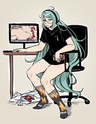  absurdres atb black_shirt black_socks blue_eyes blue_hair can chair commentary_request exhausted female hatsune_miku highres holding holding_can indoors leg_hair long_hair looking_at_viewer low_twintails map monitor nemuisemi office_chair panties parted_lips pink_background russo-ukrainian_war shirt short_sleeves simple_background sitting socks solo swivel_chair t-shirt twintails ukrainian_commentary underwear very_long_hair vocaloid white_panties 