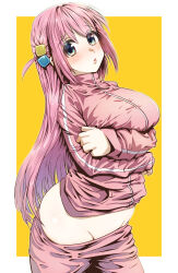  absurdres arm_under_breasts blue_eyes blush bocchi_the_rock! breasts cube_hair_ornament female gotoh_hitori groin hair_between_eyes hair_ornament hand_on_own_arm highres huge_breasts jacket lips long_hair long_sleeves looking_at_viewer open_mouth pants pants_lift pink_hair pink_jacket pink_lips pink_pants solo teeth thick_lips track_jacket upper_teeth_only user_xmsj2855 white_background yellow_background 