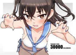  bikini black_hair blue_nails bracelet breasts brown_eyes claw_pose cleavage commentary_request dokudoku913 female fingernails highres idolmaster idolmaster_cinderella_girls jewelry large_breasts leaning_forward long_fingernails long_hair looking_at_viewer milestone_celebration mole mole_under_eye nail_art nail_polish open_mouth sailor_collar sailor_swimsuit_(idolmaster) sharp_teeth solo sunazuka_akira sweatdrop swimsuit teeth two_side_up white_bikini 