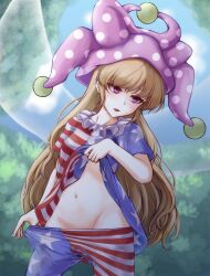  american_flag_dress american_flag_legwear blonde_hair blue_eyes blush clothes_lift clothes_pull clownpiece dress dress_lift fairy female hat highres jester_cap long_hair navel no_panties pantyhose pantyhose_pull riria_(liry_a_flower) touhou wet wet_clothes wet_pantyhose 