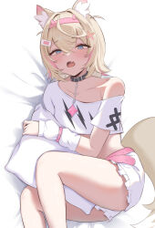  animal_ear_fluff animal_ears bandaid bandaid_hair_ornament belt belt_collar black_collar blonde_hair blue_eyes blush breasts collar crop_top cropped_shirt dog_ears dog_girl dog_tail female frilled_shorts frills hair_ornament hanefuro highres hololive hololive_english looking_at_viewer mococo_abyssgard mococo_abyssgard_(1st_costume) oerba_yun_fang open_mouth pink_belt pink_hair shirt short_hair shorts skin_fang small_breasts solo spiked_collar spikes tail two_side_up virtual_youtuber white_arm_warmers white_shirt white_shorts x_hair_ornament 