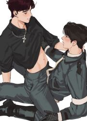  2boys black_gloves black_hair black_shirt brown_hair clothes_lift collared_shirt commentary_request cross cross_necklace gloves grey_jacket grey_pants hand_on_another&#039;s_neck hand_under_clothes hand_under_shirt haotmeal highres jacket jewelry k-pop korean_commentary looking_at_another male_focus midriff mole mole_on_cheek mole_under_eye multiple_boys navel necklace pants real_life shirt shirt_lift short_hair short_sleeves simple_background sitting sitting_on_lap sitting_on_person sung_han-bin white_background yaoi zerobaseone zhang_hao 