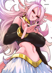  android_21 aosora2823 artist_name black_nails black_sclera blush bracelet breasts cleavage colored_sclera colored_skin dragon_ball dragon_ball_fighterz fingernails highres jewelry large_breasts long_hair looking_at_viewer majin_android_21 midriff nail_polish navel open_mouth pants pink_skin red_eyes teeth upper_teeth_only white_hair white_pants yellow_bracelet 