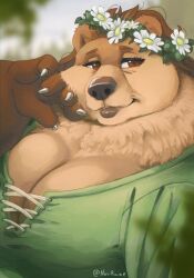  2024 5_fingers anthro bear big_breasts black_nose blurred_background breasts brown_bear brown_body brown_eyes brown_fur brown_hair claws cleavage clothed clothing digital_media_(artwork) dipstick_limbs eyebrows eyelashes female fingers flower flower_crown fluffy_ears fur green_clothing green_topwear hair hand_on_cheek huge_breasts lips looking_at_viewer mammal mature_female neck_tuft nora_(tasanko) noviraine overweight overweight_female plant portrait signature smile solo thick_bottom_lip topwear tuft ursine wrinkles 