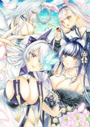  4girls animal_ear_fluff animal_ears azur_lane bouquet breasts butterfly_over_eye cleavage flower fox_ears fox_girl fox_tail fur-trimmed_kimono fur_trim hair_over_one_eye highres hikimayu huge_breasts japanese_clothes kimono kishimon-08 kitsune marker_(medium) multiple_girls musashi_(azur_lane) pink_flower purple_hair rabbit_ears rabbit_girl shimakaze_(azur_lane) shinano_(azur_lane) sweatdrop tail traditional_media unzen_(azur_lane) water white_hair yellow_eyes 