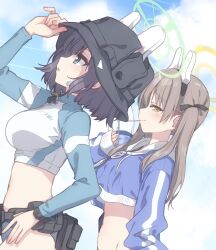  2girls adjusting_clothes adjusting_headwear animal_ears belt bikini bikini_bottom_only black_ribbon blue_archive blue_bikini blue_hoodie blush bucket_hat cloud cloudy_sky commentary cowboy_shot cropped_hoodie earpiece eyewear_hang fingernails green_halo hair_ribbon halo hat highres hood hoodie inflatable_torpedo kuroi_mimei light_brown_hair long_hair long_sleeves looking_at_viewer moe_(blue_archive) moe_(swimsuit)_(blue_archive) multiple_girls navel official_alternate_costume outdoors profile rabbit_ears raglan_sleeves rash_guard ribbon round_eyewear saki_(blue_archive) saki_(swimsuit)_(blue_archive) short_hair sky stomach swimsuit twintails unworn_eyewear upper_body utility_belt yellow_eyes yellow_halo 