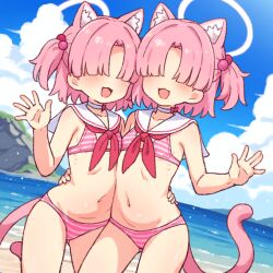  2girls :3 :d animal_ears bare_arms bare_shoulders beach bikini blue_archive blue_sky blush cat_ears cat_girl cat_tail chlorella_observation_club_member_(blue_archive) choker cloud contrapposto cowboy_shot day dutch_angle facing_viewer flat_chest fluff hair_bobbles hair_ornament hair_over_eyes halo hand_on_another&#039;s_hip hand_up horizon legs_apart multiple_girls navel neckerchief onyhakase outdoors parted_bangs pink_bikini pink_hair red_neckerchief sailor_collar salute sand short_hair sky smile spread_fingers standing striped_bikini striped_clothes swimsuit tail water white_choker 