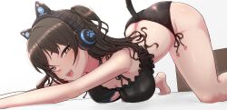  absurdres all_fours animal_ear_headphones animal_ears arched_back ass black_bra black_hair black_panties blush bra brown_eyes cat_ear_headphones cat_stretch cat_tail commentary_request dokudoku913 fake_animal_ears fake_tail female headphones highres idolmaster idolmaster_cinderella_girls looking_at_viewer mole mole_under_eye open_mouth panties sharp_teeth side-tie_panties smile solo stretching sunazuka_akira tail teeth top-down_bottom-up underwear wavy_hair 