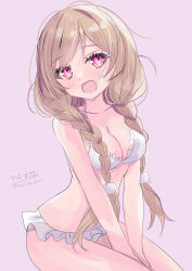  absurdres bikini blush braid breasts brown_eyes cloud_hair_ornament dated female frilled_bikini frills gradient_background highres hizaka kantai_collection light_brown_hair long_hair looking_at_viewer minegumo_(kancolle) pink_background red_eyes signature solo swimsuit twin_braids white_bikini 