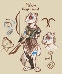  anthro arrow_(weapon) atane27 bow_accessory clothed clothing domestic_ferret facial_tattoo female hi_res mammal mildri_(atane27) mustelid musteline ranged_weapon red_eyes smiley_face solo tattoo true_musteline weapon weasel white_body 