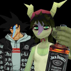  3d_(artwork) alcohol anthro beverage black_background cavemanon_studios clothed clothing digital_media_(artwork) dinosaur duo goku_drip green_body green_eyes green_hair hair headgear headwear horn humor intentional_compression jack_daniel&#039;s looking_at_viewer male meme prehistoric_species reptile scalie schizo_chan_(snoot_game) shirt simple_background slumbloom snoot_game tank_top topwear 