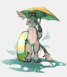  annoyed anthro bandai_namco botamon claws digimon digimon_(species) duo feral fur gazimon grey_body grey_fur hi_res male nuitt raining red_eyes swim_ring umbrella waddling_head 