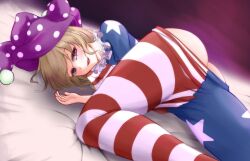  american_flag_dress american_flag_legwear ass bed blonde_hair blue_eyes clothes_pull clownpiece female hat jester_cap long_hair looking_at_viewer lying no_panties on_bed pantyhose pantyhose_pull riria_(liry_a_flower) smile touhou 