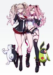  2girls absurdres aer007580 amillion_(zenless_zone_zero) bare_legs black_footwear black_shorts black_thighhighs black_vest blonde_hair blue_eyes breasts cleavage crop_top crossover danganronpa:_trigger_happy_havoc danganronpa_(series) earrings enoshima_junko green_eyes highres jewelry large_breasts long_hair long_sleeves miniskirt monokuma multiple_girls nail_polish necktie nicole_demara one_eye_closed pink_hair red_skirt school_uniform shorts single_thighhigh skirt thigh_strap thighhighs torn_clothes torn_thighhighs twintails two-tone_necktie v vest white_background zenless_zone_zero 