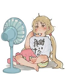  9ae9urim barefoot bike_shorts blonde_hair blush brown_eyes closed_mouth collar_tug commentary_request electric_fan futaba_anzu hand_on_own_leg highres idolmaster idolmaster_cinderella_girls indian_style long_hair low_twintails multicolored_stripes print_shirt shirt short_sleeves shorts simple_background single_bare_shoulder sitting striped_bike_shorts striped_clothes striped_shorts stuffed_animal stuffed_rabbit stuffed_toy sweat t-shirt twintails white_background white_shirt you_work_you_lose 