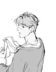  1boy bite_mark bite_mark_on_neck blush commentary_request earrings haotmeal hickey highres holding holding_towel implied_yaoi jewelry k-pop korean_commentary long_sleeves male_focus notice_lines parted_lips real_life shirt short_hair smile solo towel upper_body zerobaseone zhang_hao 