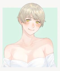  bare_shoulders blonde_hair blush breasts cleavage closed_mouth collarbone dungeon_meshi falin_touden female green_background grey_background highres looking_at_viewer off_shoulder official_alternate_costume official_alternate_hair_length official_alternate_hairstyle pixie_cut portrait sasakura34 shirt short_hair simple_background smile solo two-tone_background very_short_hair white_shirt yellow_eyes 