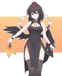  bare_shoulders bird_wings black_dress black_hair black_thighhighs black_wings black_wristband breasts china_dress chinese_clothes closed_mouth commentary_request dress feathered_wings female hand_fan happy hat hauchiwa highres holding holding_fan jamble04126992 medium_breasts medium_hair neck_ribbon pelvic_curtain pointy_ears pom_pom_(clothes) red_eyes red_hat ribbon seductive_smile shameimaru_aya side_slit sleeveless sleeveless_dress smile solo tassel thighhighs tokin_hat touhou upper_body wings yellow_ribbon 