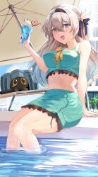  :d absurdres bare_shoulders bikini black_hairband blush breasts commentary_request crop_top cup day female firefly_(honkai:_star_rail) gradient_hair green_bikini grey_hair hair_between_eyes hair_intakes hair_ornament hairband highres hisaka730387 holding holding_cup honkai:_star_rail honkai_(series) long_hair looking_at_viewer medium_breasts midriff multicolored_hair navel neckerchief orange_neckerchief sitting smile soaking_feet swimsuit trailblazer_(honkai:_star_rail) trailblazer_(trash_cake)_(honkai:_star_rail) water wet 