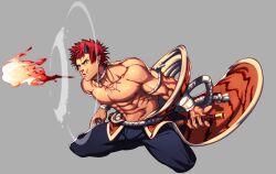  1boy abs animal_print armband bara disembodied_hand ear_piercing feet_out_of_frame fighting_stance fire fireball grey_background horns jewelry lvlv male_focus manly mature_male muscular muscular_male necklace nipples oni pants paradiso_guardian pectorals piercing pointy_ears red_hair rope_belt shirt short_hair shuten_douji_(paradiso_guardian) simple_background solo spiked_hair spread_legs thick_arms tiger_print upper_body veins wristband yellow_eyes 