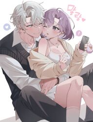  1boy bishounen blush breasts cellphone cheek-to-cheek collarbone couple cuddling dress_shirt earrings female green_eyes grey_hair heads_together highres holding holding_phone jewelry lvemhrd medium_breasts necklace one_eye_closed original phone piercing purple_eyes purple_hair shirt short_hair smartphone socks vest 