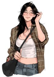  bag black_hair breasts brown_shirt chest_tattoo cleavage closed_eyes closed_mouth commentary facing_viewer female genderswap_(mtf) glasses grey_pants haotmeal highres k-pop long_hair medium_breasts midriff mole mole_above_mouth navel open_clothes open_shirt pants plaid_clothes plaid_shirt real_life red_panda rule_63 shirt shoulder_bag simple_background solo sung_han-bin symbol-only_commentary tattoo white_background white_shirt zerobaseone 