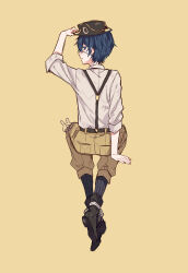  1boy absurdres adjusting_clothes adjusting_headwear belt bishounen black_belt black_footwear black_hat black_socks blue_eyes blue_hair brown_shorts ciel_phantomhive dark_blue_hair eyepatch from_behind hat highres jitome kuroshitsuji looking_at_viewer looking_back male_focus medical_eyepatch orange_background parted_lips shirt short_hair shorts shuijiao_tu signature simple_background sitting socks solo striped_clothes striped_socks vertical-striped_clothes vertical-striped_socks white_shirt 