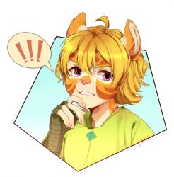  anthro blonde_hair brown_markings bust_portrait clothed clothing glistening glistening_eyes green_clothing green_topwear hair hi_res male markings orange_body pink_nose portrait purple_eyes solo sonyan tan_body teeth topwear 