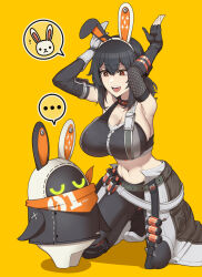  ... :d ahoge animal_ears arm_pouch arm_warmers armpits arms_up asymmetrical_gloves bangboo_(zenless_zone_zero) bare_shoulders belt black_choker black_gloves black_hair black_pants black_sports_bra breasts cape choker cleavage closed_eyes collarbone commentary_request elbow_gloves eous_(zenless_zone_zero) explosive fake_animal_ears female fingerless_gloves fishnet_gloves fishnets full_body gloves grace_howard grenade grey_belt groin hair_between_eyes highres joji_nyudo kneeling large_breasts long_hair looking_at_another midriff mismatched_gloves navel open_mouth orange_eyes pants rabbit_ears rabbit_pose shadow sidelocks simple_background single_fingerless_glove smile spoken_ellipsis sports_bra teeth u_u upper_teeth_only waist_cape white_cape white_gloves yellow_background zenless_zone_zero zipper zipper_pull_tab 